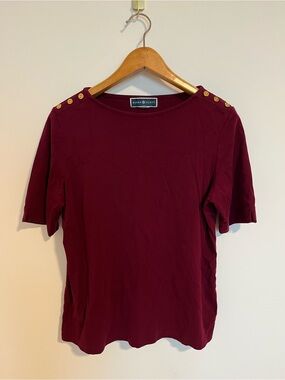 Karen Scott Burgundy Short Sleeve Top with Gold Shoulder Buttons